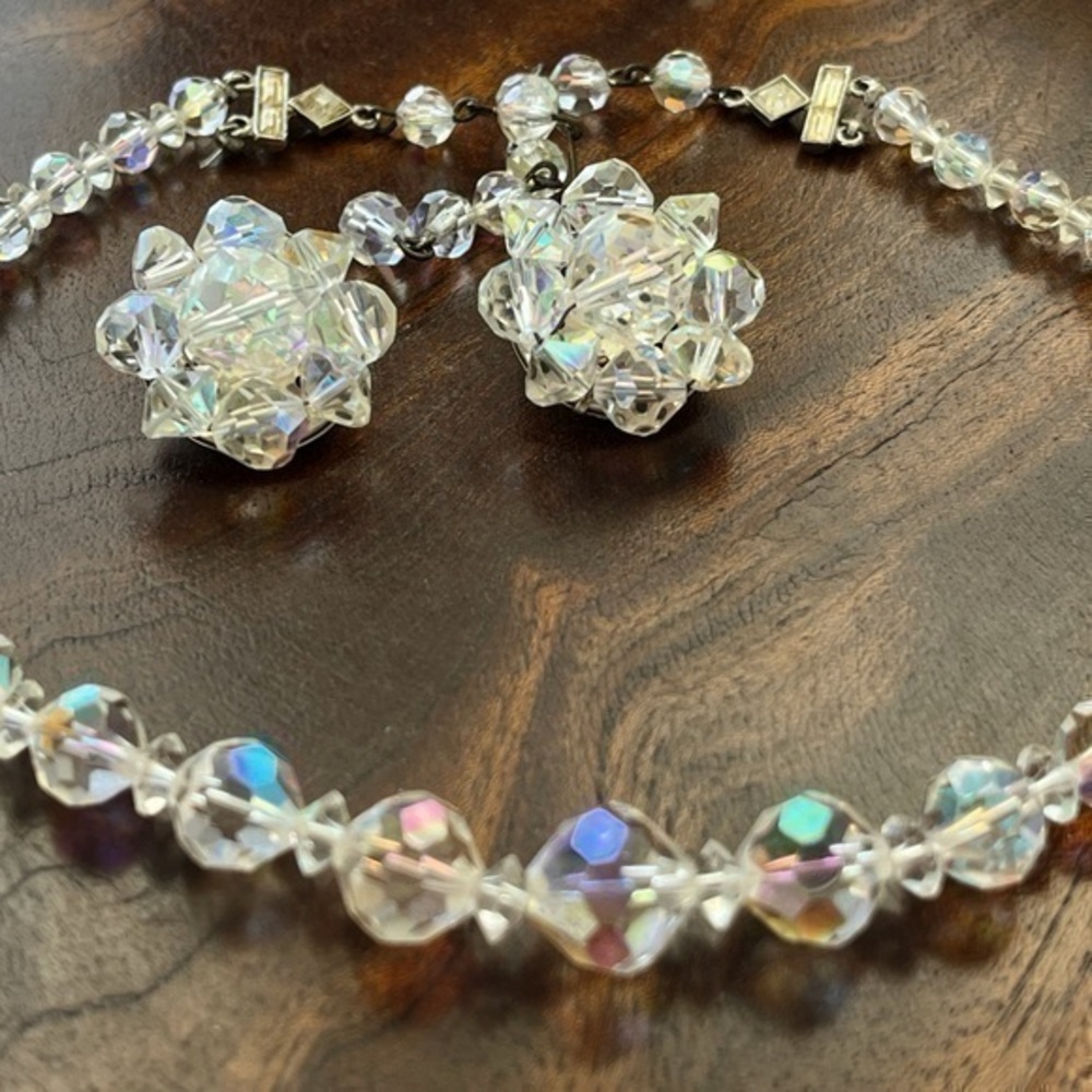 VINTAGE Germany crystal AB glass faceted beads earrings & necklace
